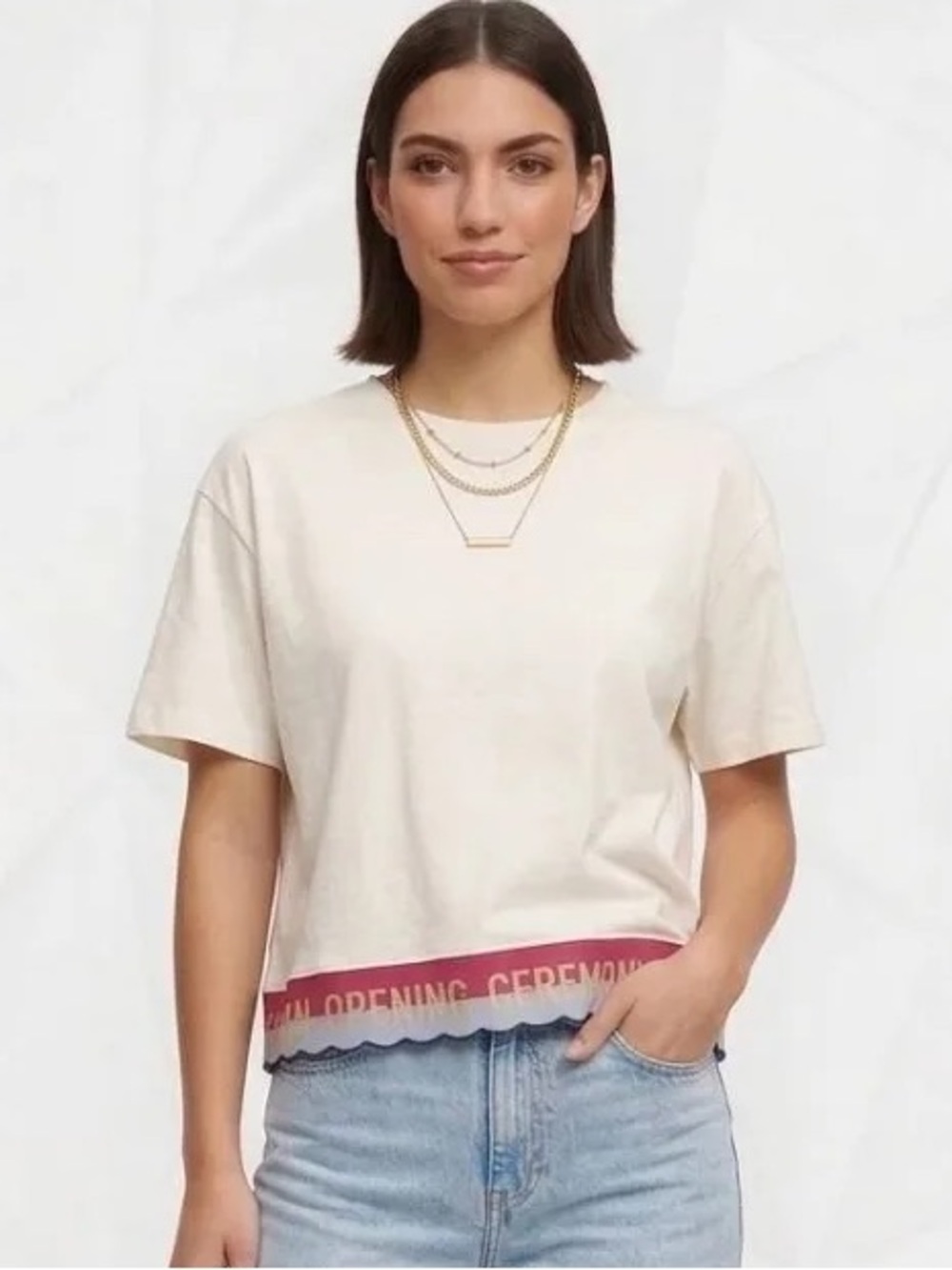 NWT Opening Ceremony Scallop Elastic Logo Cropped Tee Size Medium